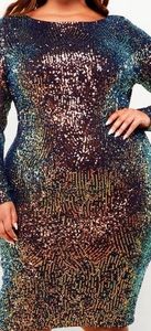 Sequins Long Sleeve Round Neck Knee-Length